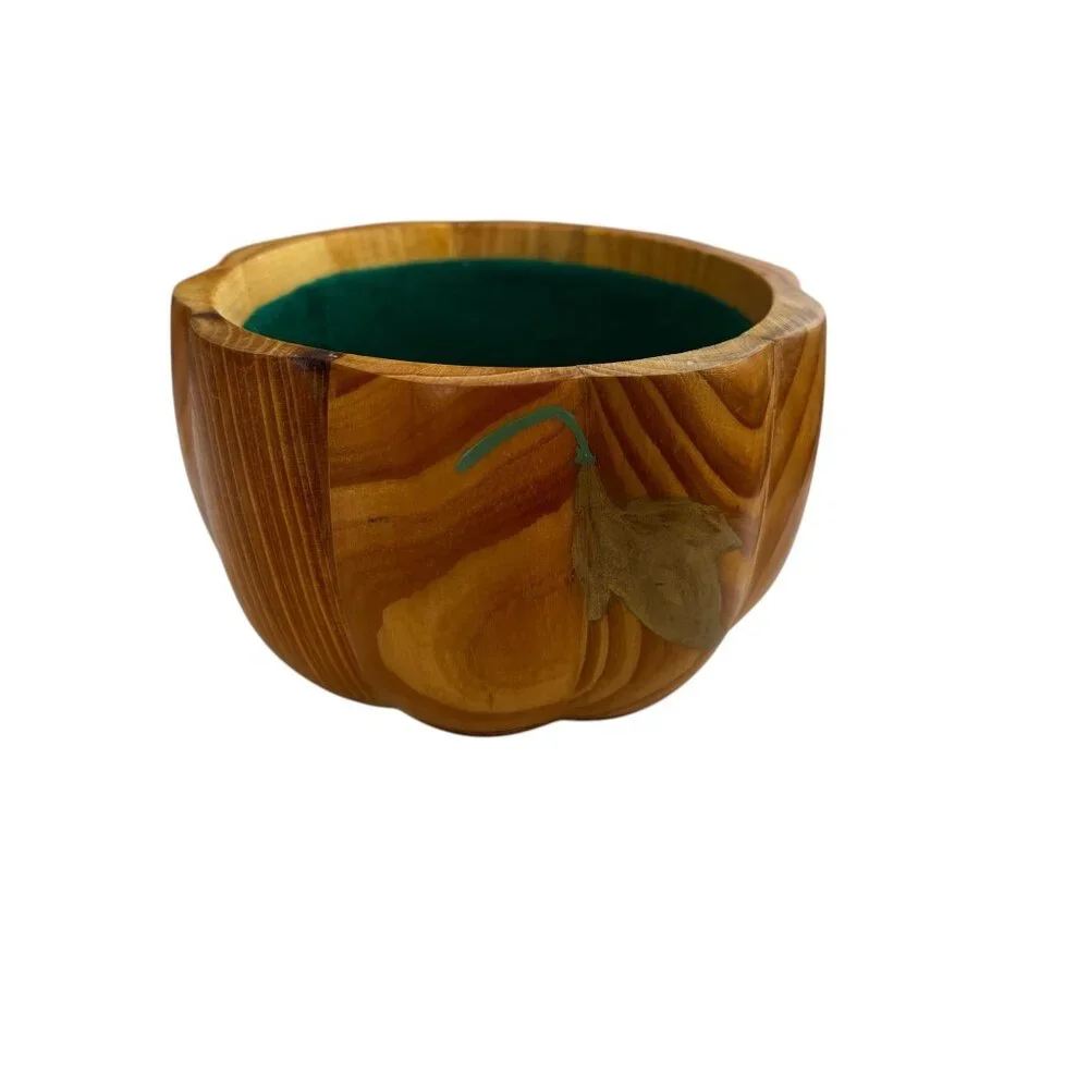 Don Bacigalup Handcrafted Wooden Lidded Bowl Felt Lining & Leaf Design Marked
